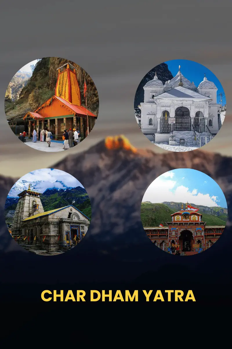 Char Dham Yatra temples of Badrinath, Kedarnath, Gangotri, and Yamunotri in Uttarakhand.
