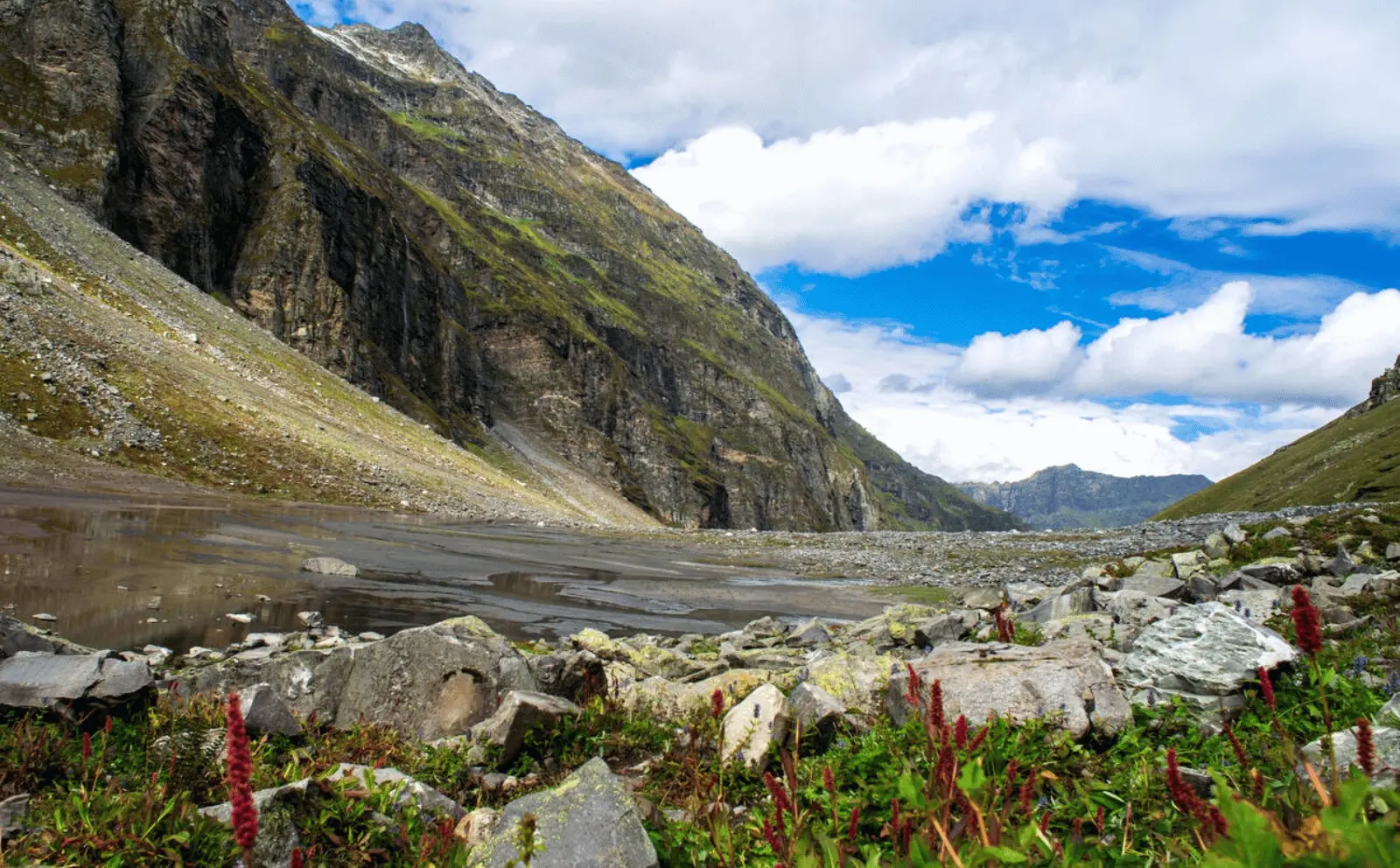 Hampta Pass trek featuring a blend of alpine meadows and rugged mountain terrain.
