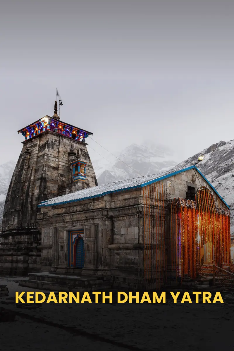 Kedarnath Temple in Uttarakhand, with snow-capped mountains in the background.